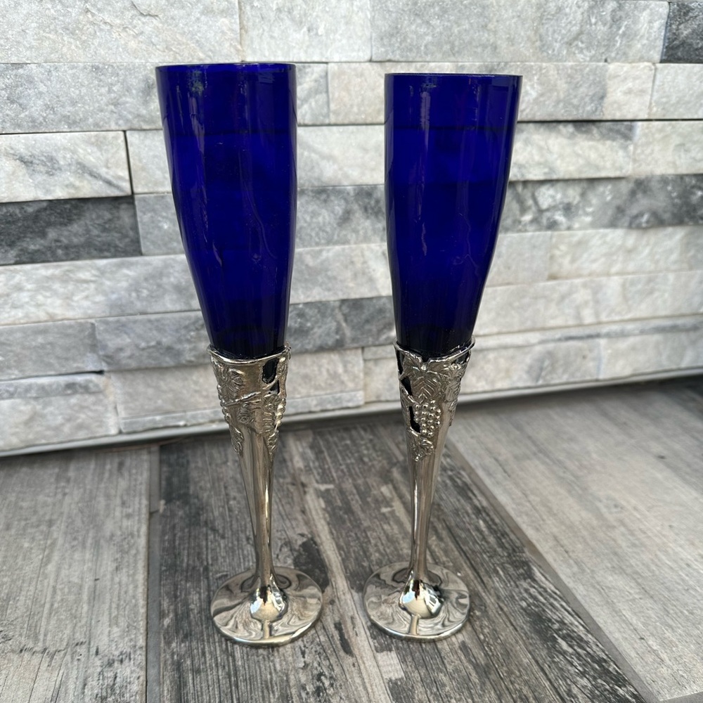 Silver plated cobalt blue fluted Champaign glasses Set of 2 - Picture 9 of 12